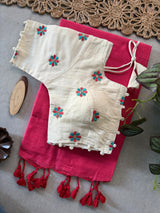 Baby Pink Khadi Cotton Saree Embrodery Work Stitched Blouse