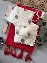 Red Handloom Khadi Cotton Saree With Embrodery Work Stitched Blouse