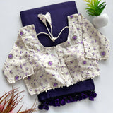 Navy Blue Handloom Cotton Saree With Embrodery Work Stitched Blouse