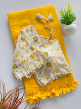 Yellow Khadi Cotton Saree With Embrodery Work Stitched Blouse