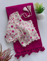 Pink Khadi Cotton Saree With Embrodery Work Stitched Blouse