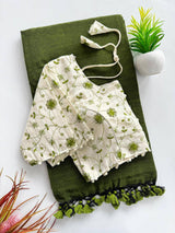 Green Khadi Cotton Saree With Embrodery Work Stitched Blouse