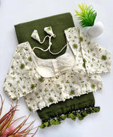 Green Khadi Cotton Saree With Embrodery Work Stitched Blouse