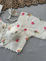 Olive green Khadi Cotton Saree With Embrodery Work Stitched Blouse