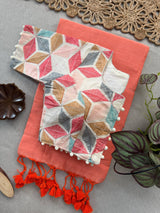 Peach Khadi Cotton Saree With Embrodery Work Stitched Blouse