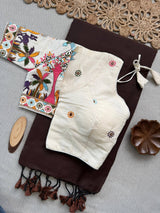 Vanika Brown Khadi Cotton Saree With Embrodery Work Stitched Blouse