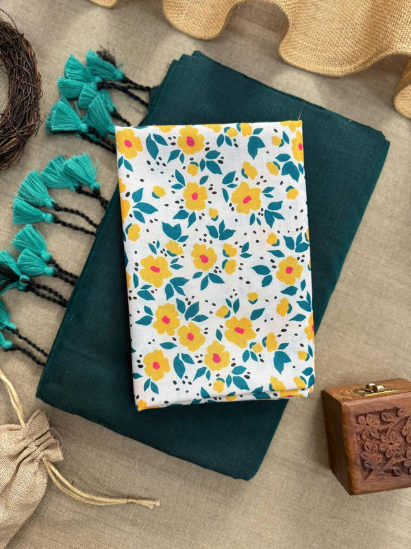 Green Handloom Cotton Saree With Floral Printed Blouse