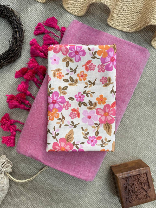 Baby PInk Handloom Cotton Saree With Artistic Printed Blouse