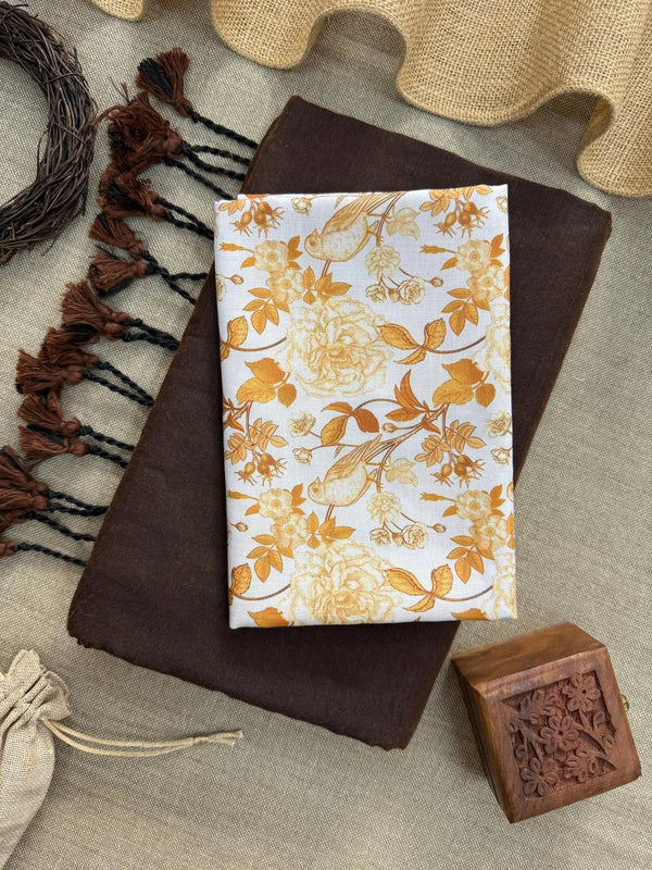 Brown Handloom Cotton Saree With Artistic Printed Blouse