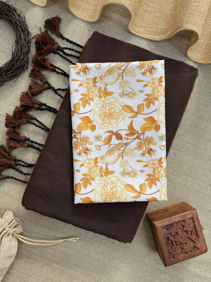 Brown Handloom Cotton Saree With Artistic Printed Blouse