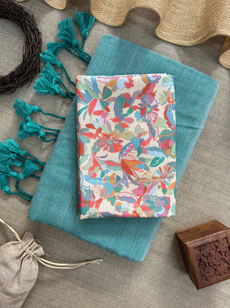 C Green Khadi Cotton Saree With Floral Printed Blouse