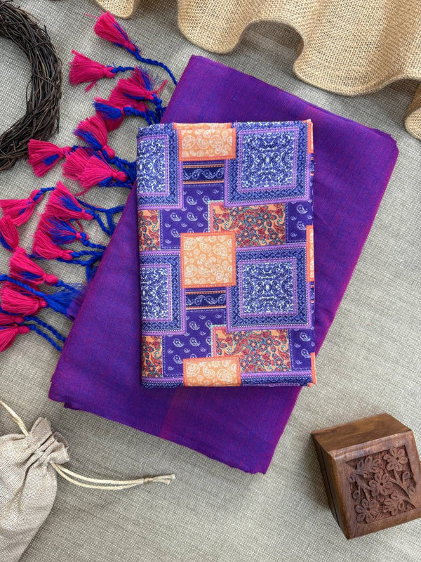 Purple Handloom Cotton Saree With patchwork-style Printed Blouse