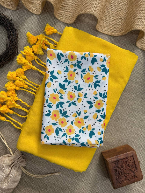 Yellow Handloom Cotton Saree With Floral Printed Blouse