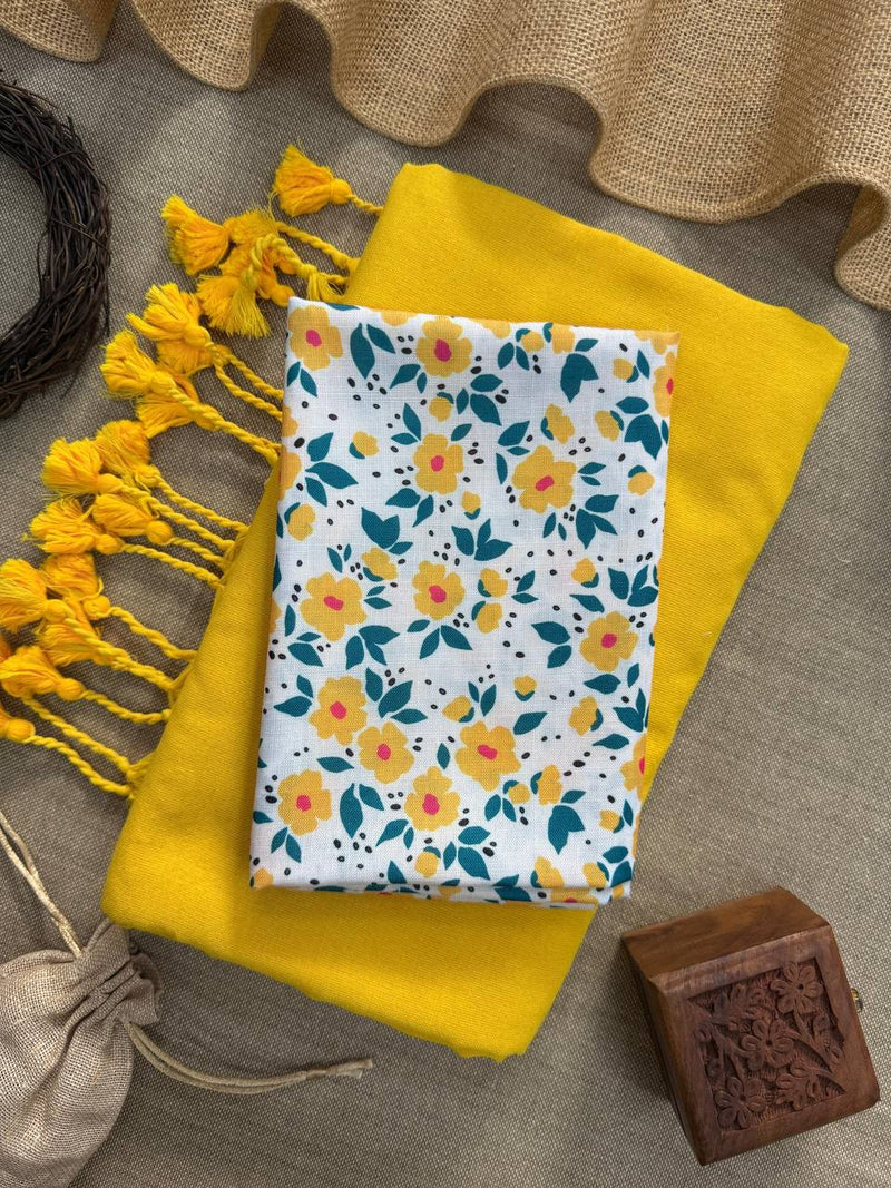Yellow Handloom Cotton Saree With Floral Printed Blouse