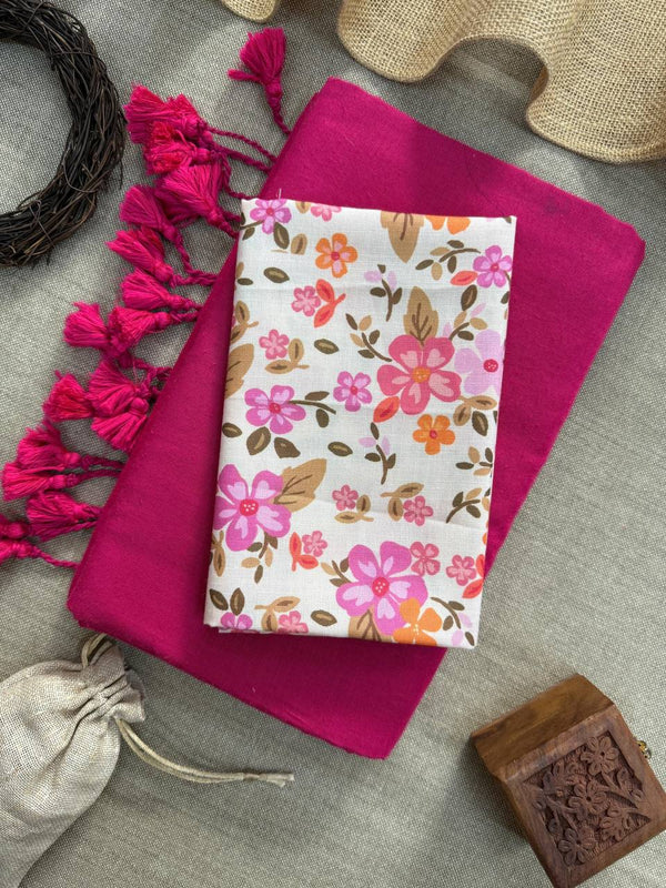 Pink Handloom Cotton Saree With Floral Printed Blouse