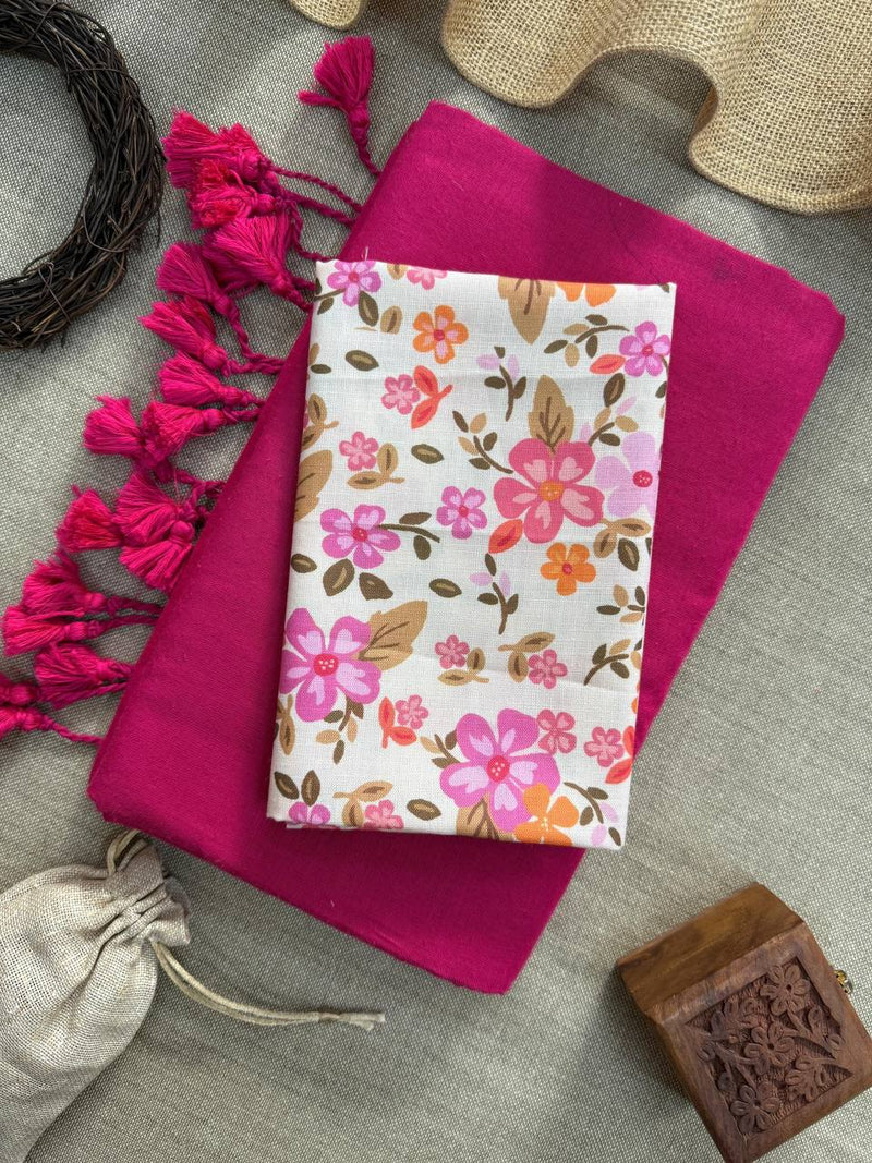 Pink Handloom Cotton Saree With Floral Printed Blouse