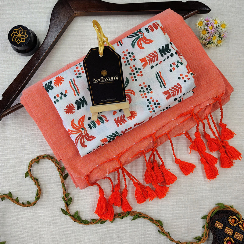 Peach Handloom Cotton Saree With Designer Blouse