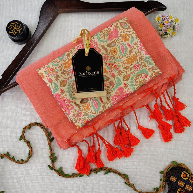 Peach Handloom Cotton Saree With Designer Blouse