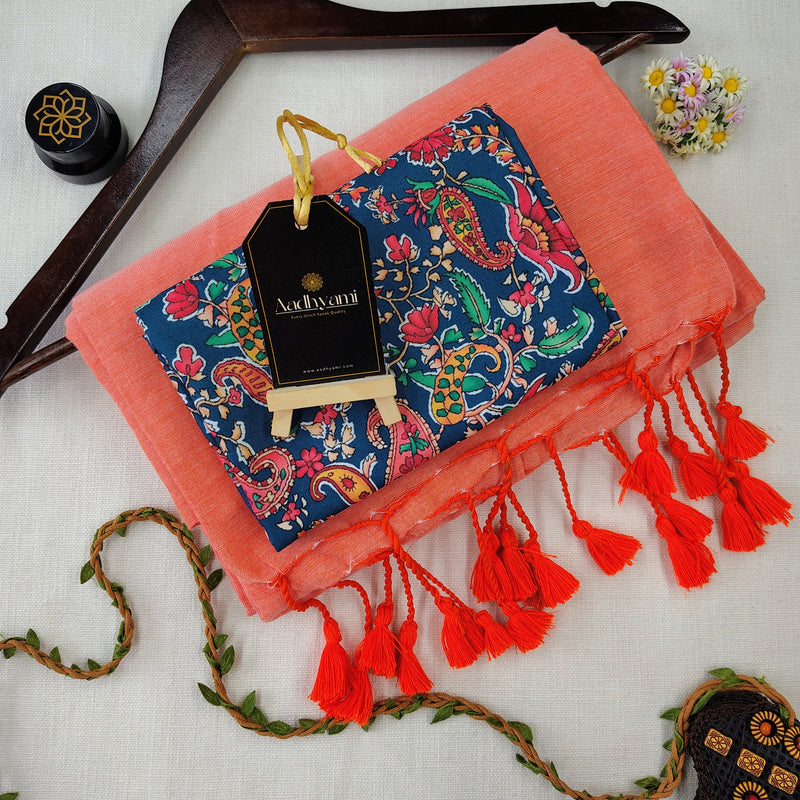 Peach Handloom Cotton Saree With Designer Blouse