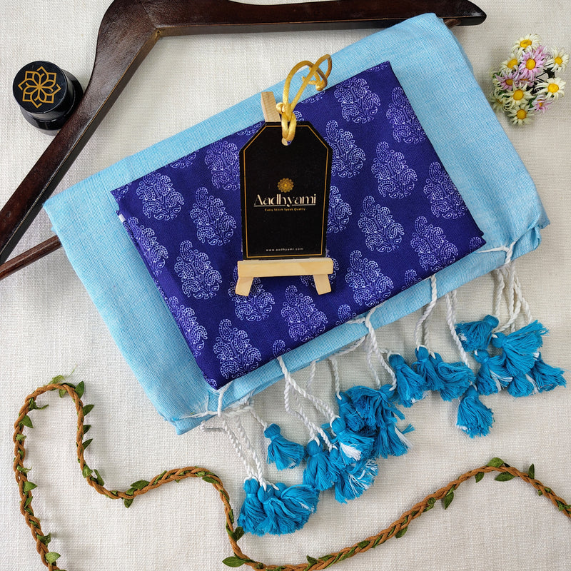 Sky Handloom Cotton Saree With Designer Blouse