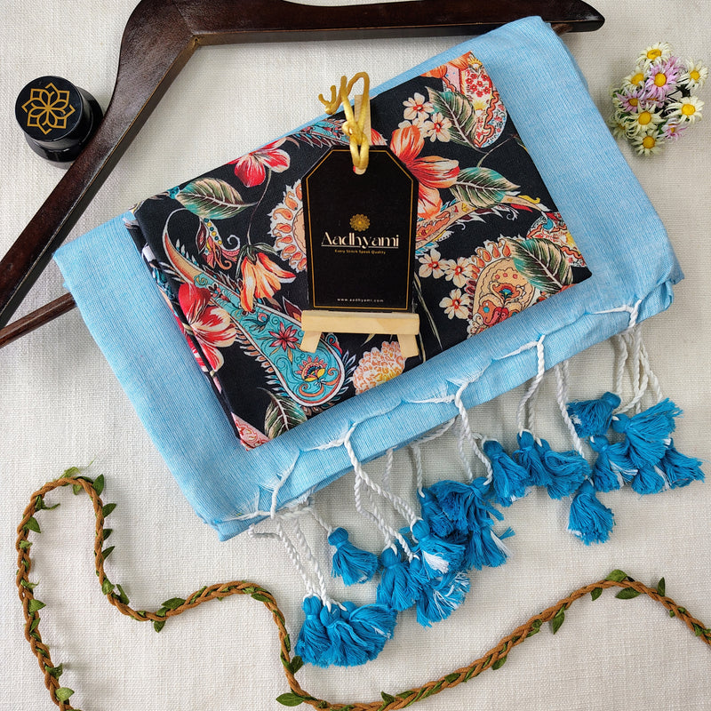 Sky Handloom Cotton Saree With Designer Blouse