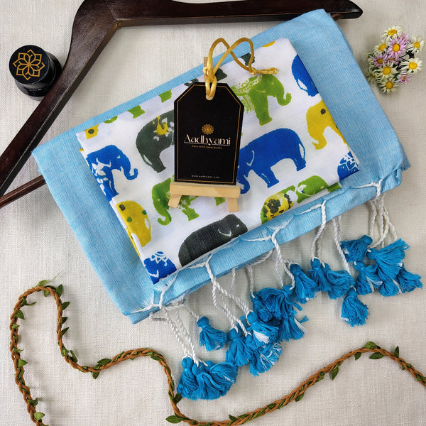 Sky Handloom Cotton Saree With Elephant Designer Blouse