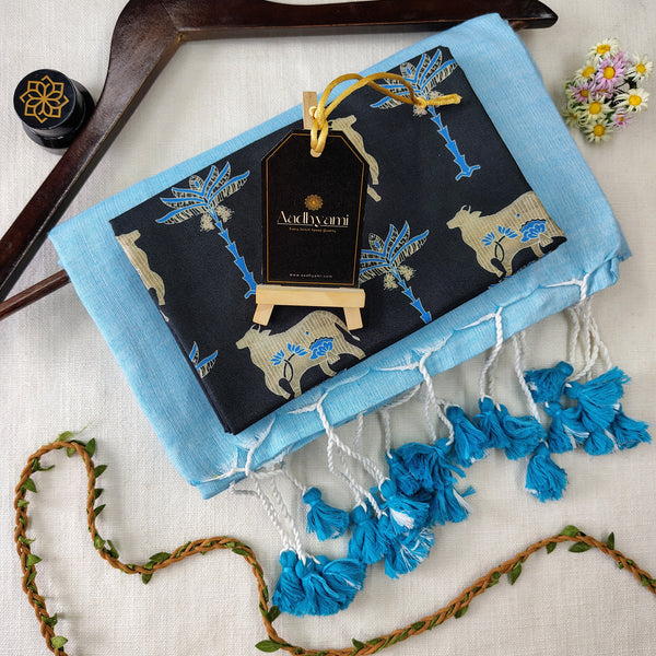 Sky Handloom Cotton Saree With Designer Blouse