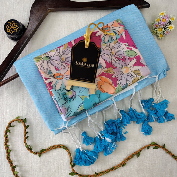 Sky Handloom Cotton Saree With Designer Blouse