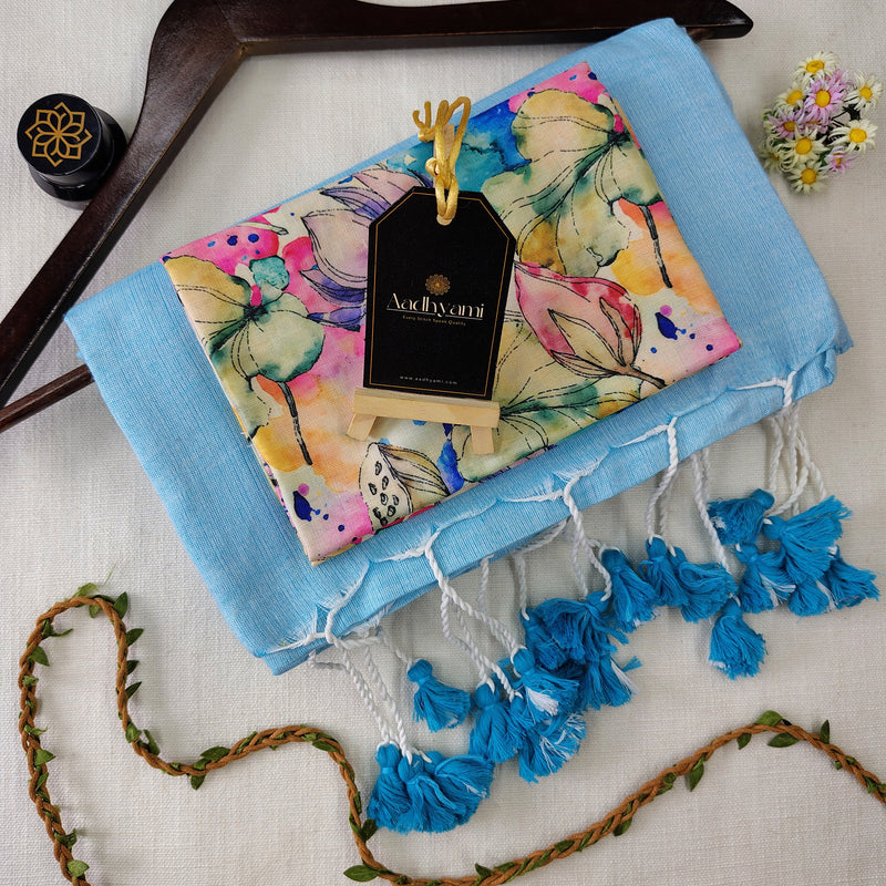 Sky Handloom Cotton Saree With Designer Blouse