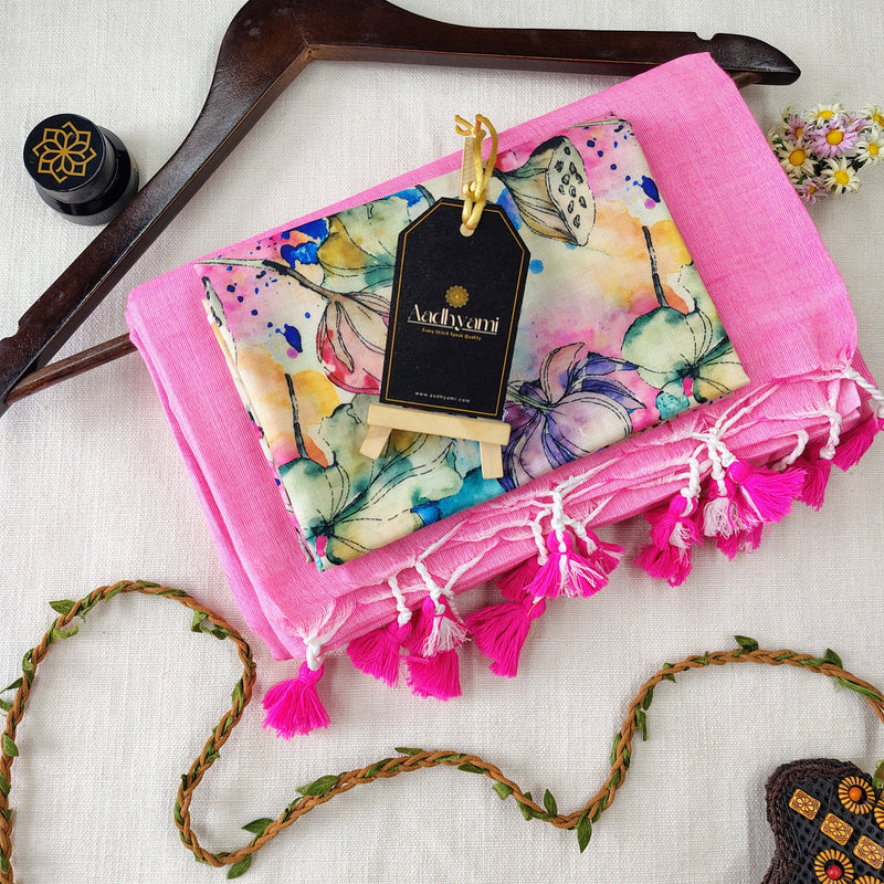 Baby Pink Handloom Cotton Saree With Designer Blouse