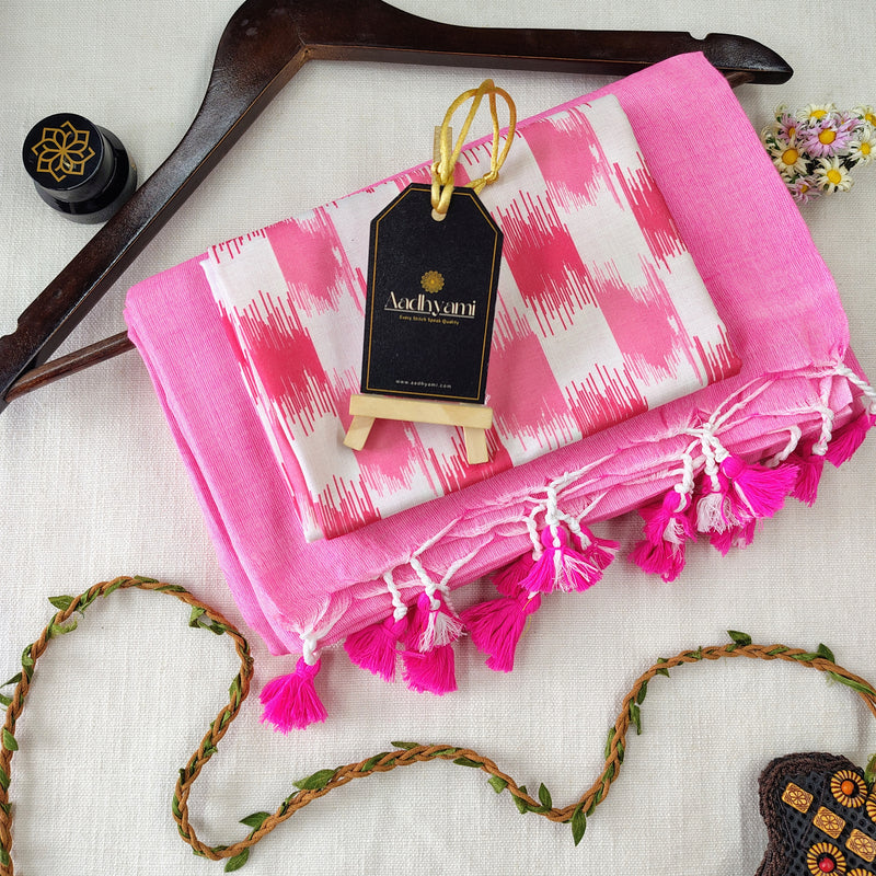 Baby Pink Handloom Cotton Saree With Designer Blouse