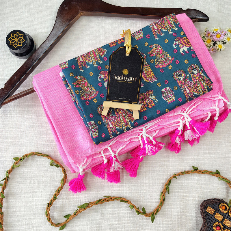 Baby Pink Handloom Cotton Saree With Designer Blouse