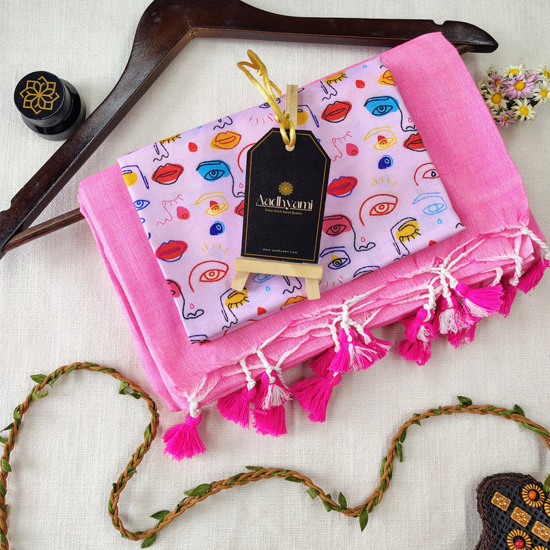 Baby Pink Handloom Cotton Saree With Designer Blouse
