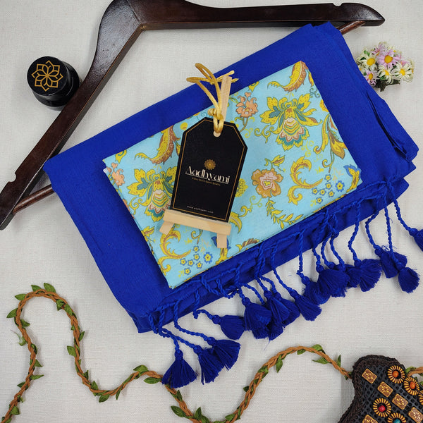 Blue Handloom Cotton Saree With Floral Printed Blouse