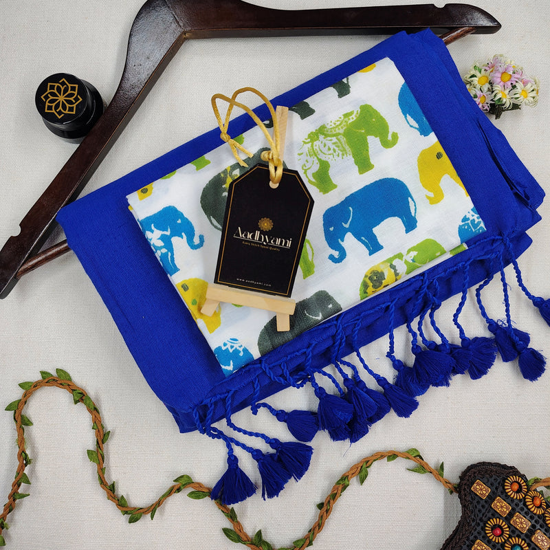 Blue Handloom Cotton Saree With Floral Printed Blouse