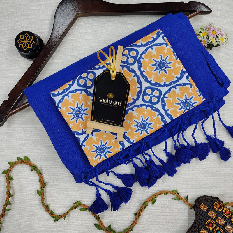 Blue Handloom Cotton Saree With Designer Blouse