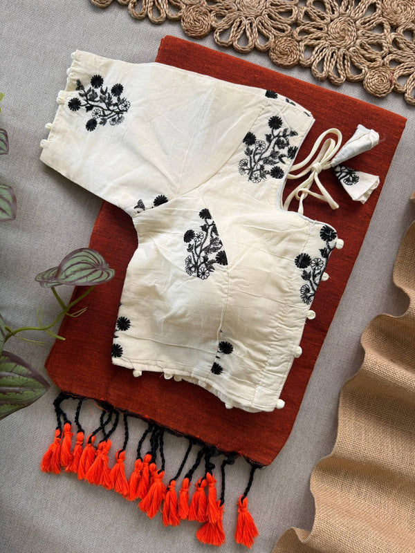 Burnt Orange Khadi Cotton Saree With Embrodery Work Stitched Blouse