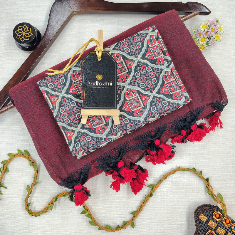 Maroon Handloom Cotton Saree With Designer Blouse