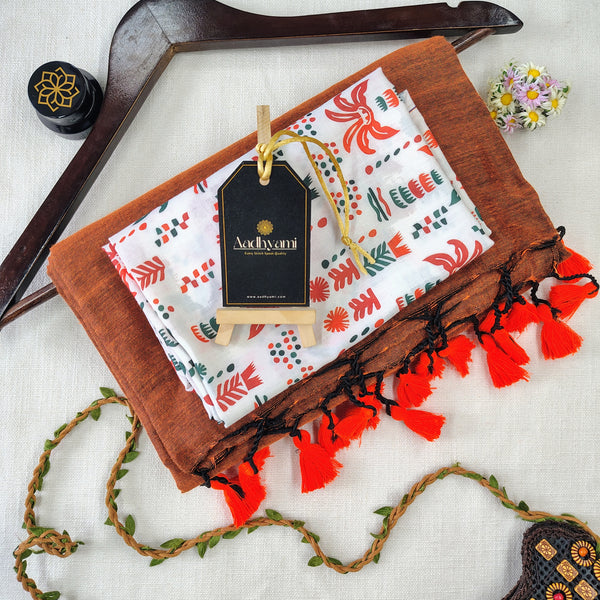 Orange Handloom Cotton Saree With Designer Blouse