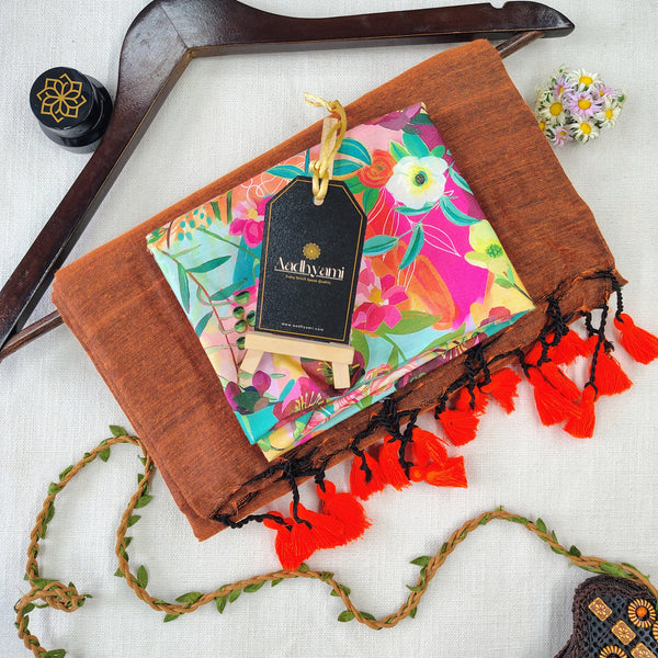 Orange Handloom Cotton Saree With Designer Blouse