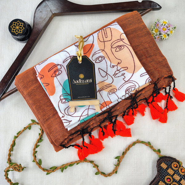 Orange Handloom Cotton Saree With Designer Blouse