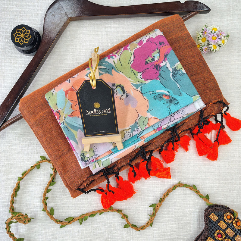 Orange Handloom Cotton Saree With Designer Blouse