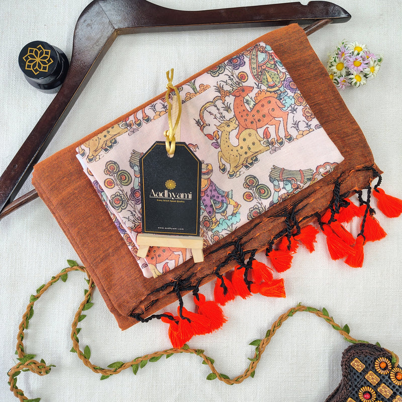 Orange Handloom Cotton Saree With Designer Blouse