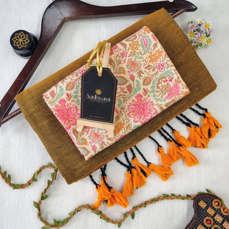 Golden Handloom Cotton Saree With Designer Blouse