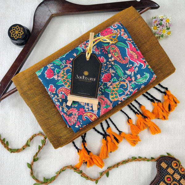 Golden Handloom Cotton Saree With Designer Blouse