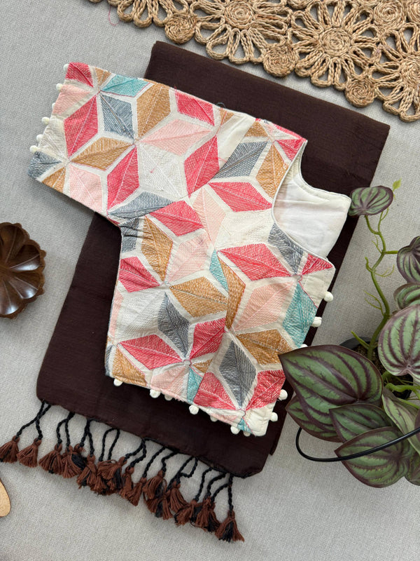 Brown Khadi Cotton Saree With Embrodery Work Stitched Blouse