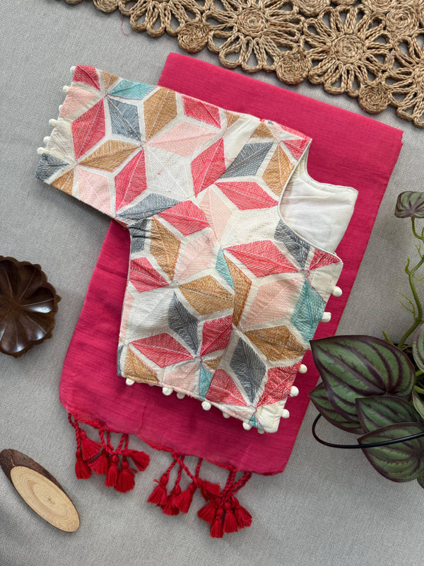 Pink Khadi Cotton Saree With Embrodery Work Stitched Blouse