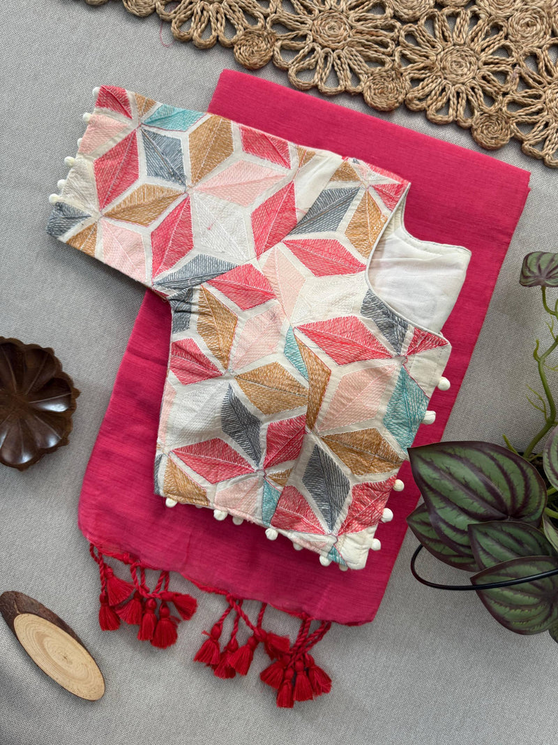 Pink Khadi Cotton Saree With Embrodery Work Stitched Blouse