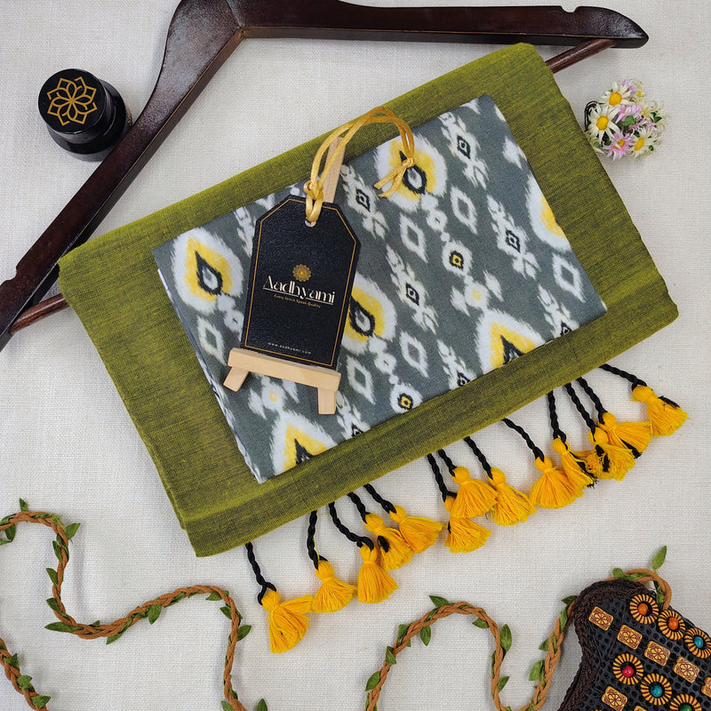 Light Mehndi Handloom Cotton Saree With Designer Blouse