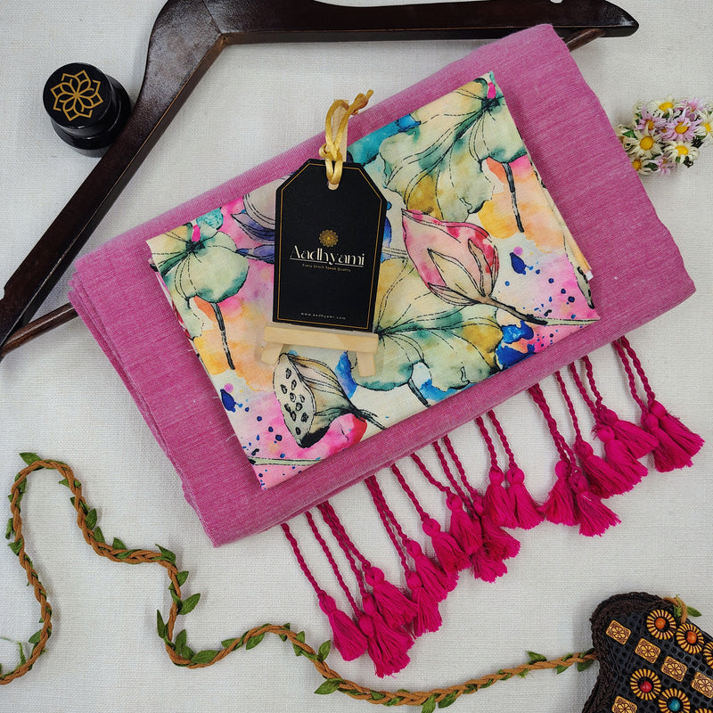 Light Pink Handloom Cotton Saree With Designer Blouse